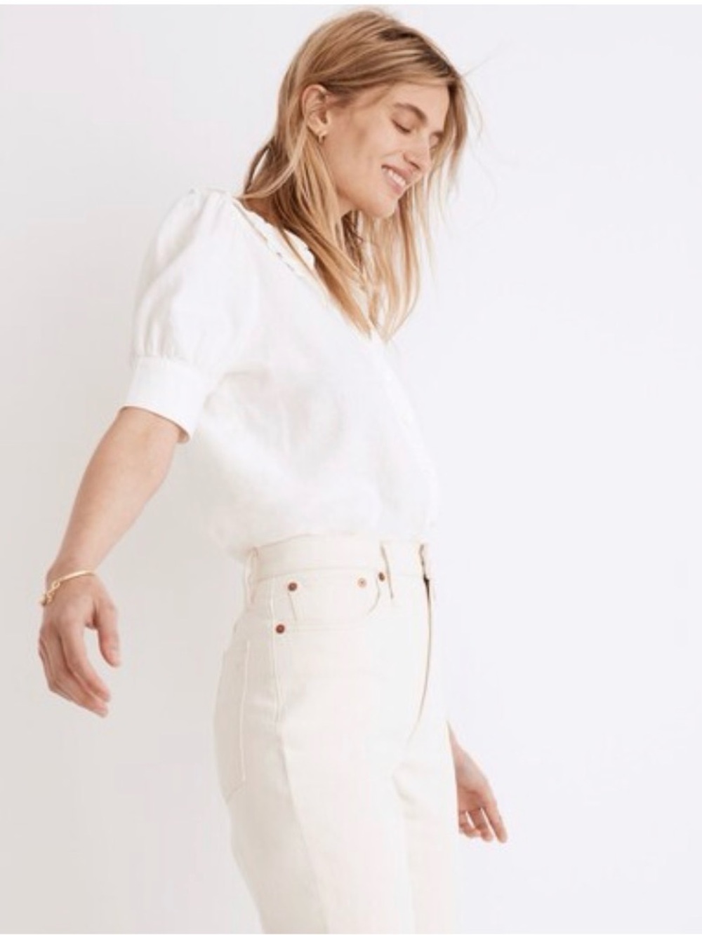 Madewell Cream Peter Pan Collar Linen Blend Ruffled-Collar Button-Up Top 6 - Picture 2 of 7